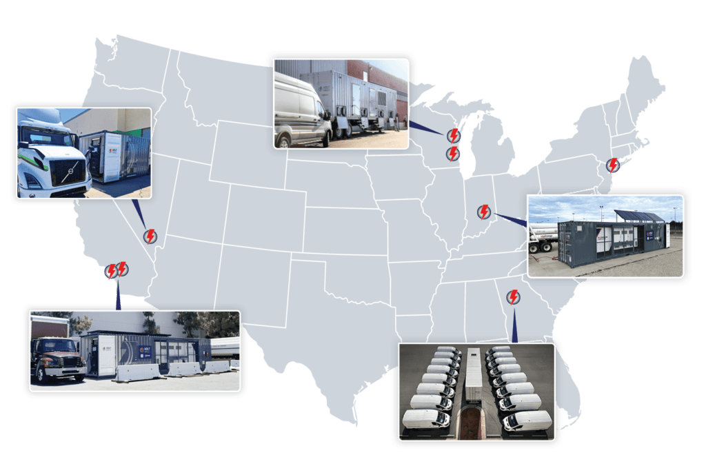 Map showing the different locations across the U.S. where fleets have deployed a Volt Vault charging unit to streamline their fleet electrification and EV infrastructure requirements 