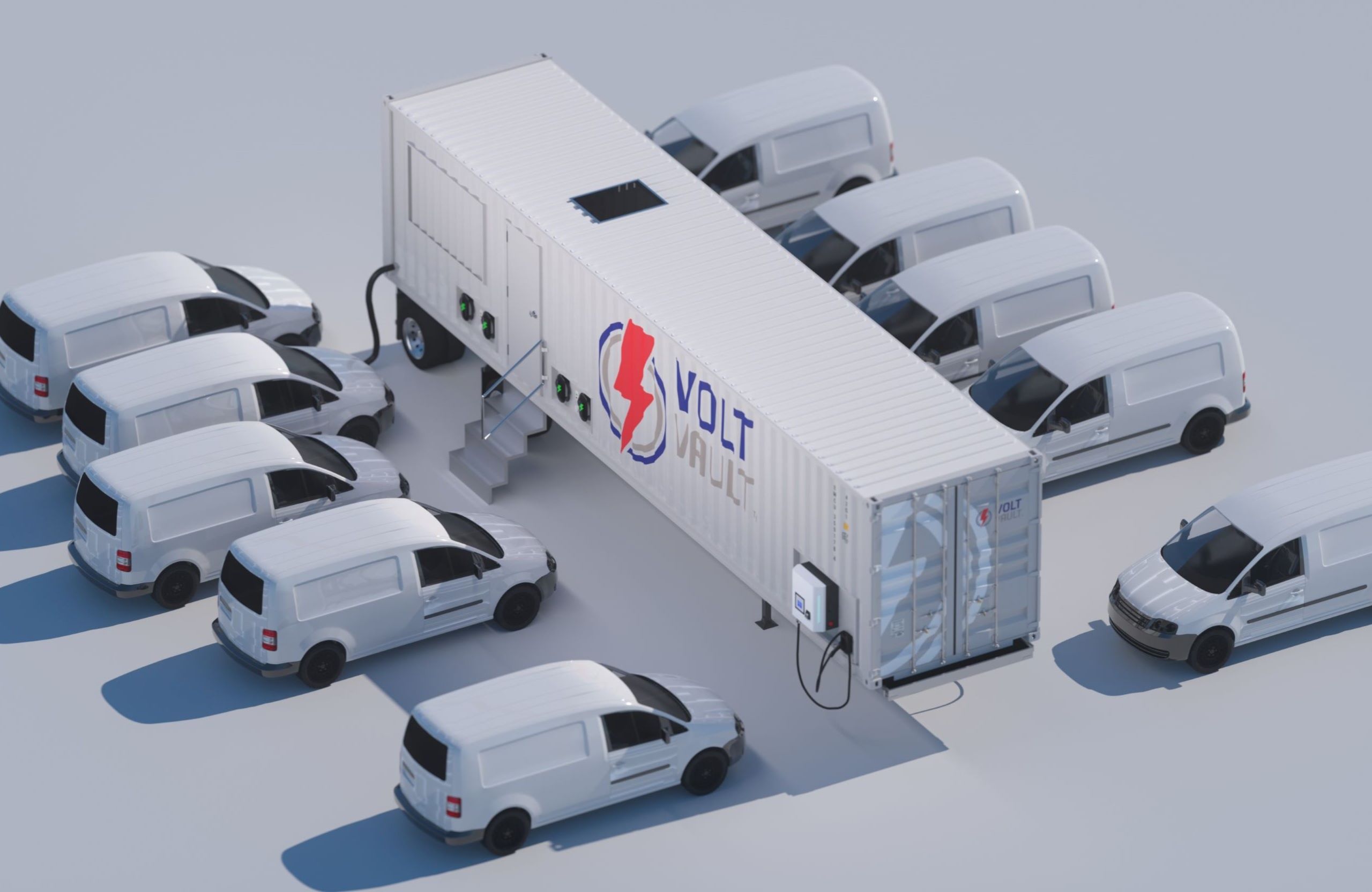 Volt Vault Flex unit that combines six or eight Level 2 chargers and two Level 3 chargers in a single unit, supporting mixed fleet charging requirements